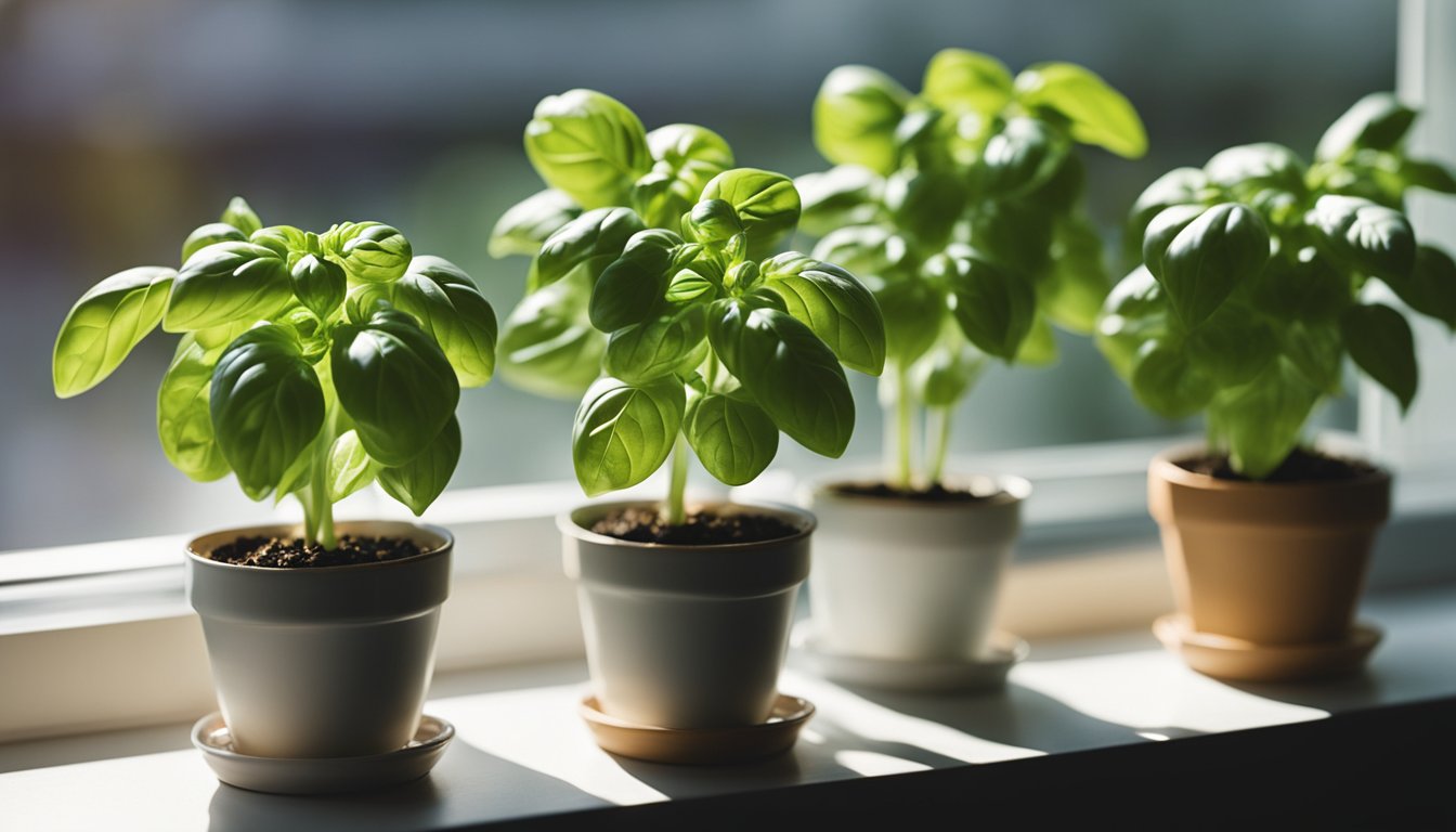 Basil plants thrive in small pots on a sunlit windowsill, showcasing their ease of indoor growth