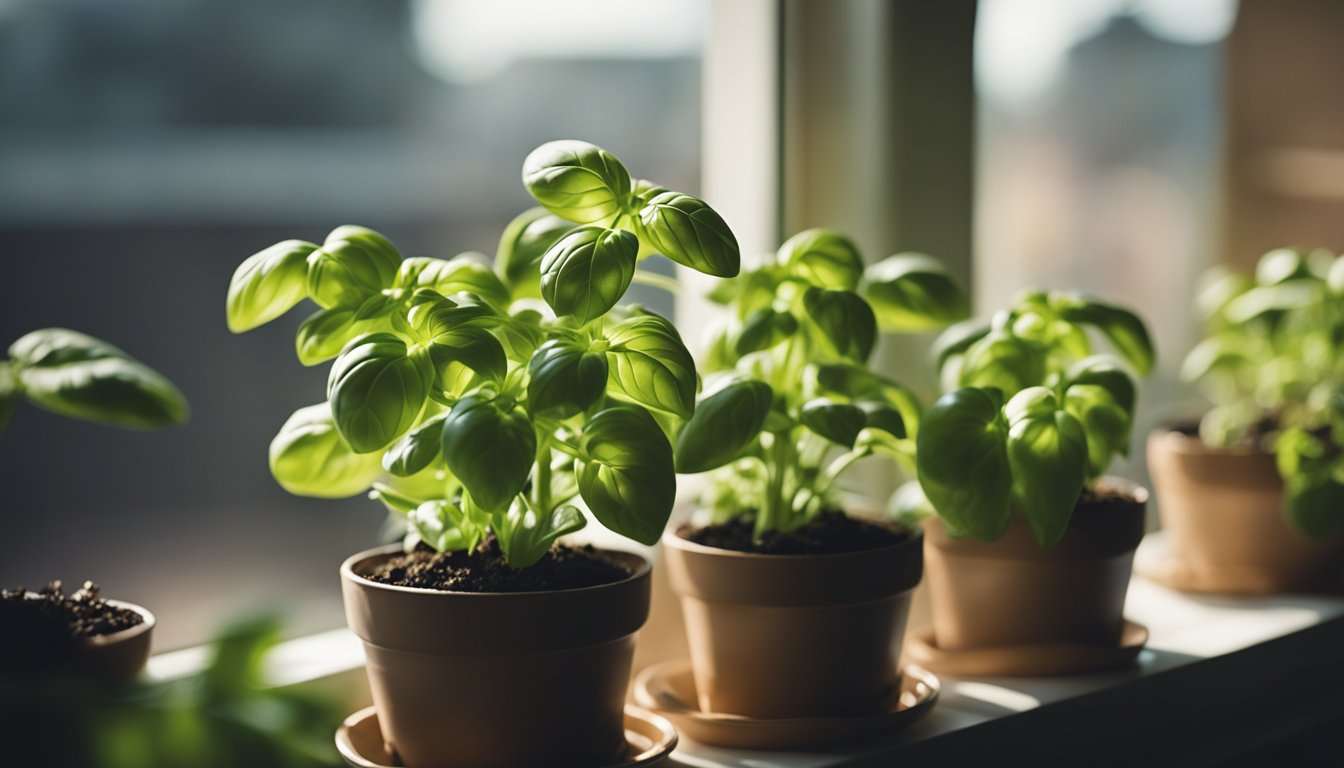 Basil plants flourish in small pots on a sunlit windowsill, showcasing their ease of indoor growth