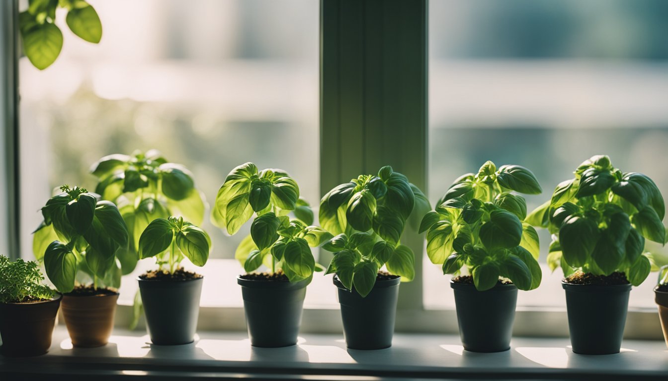 Basil plants thrive in small pots on a sunlit windowsill, showcasing their easy indoor cultivation