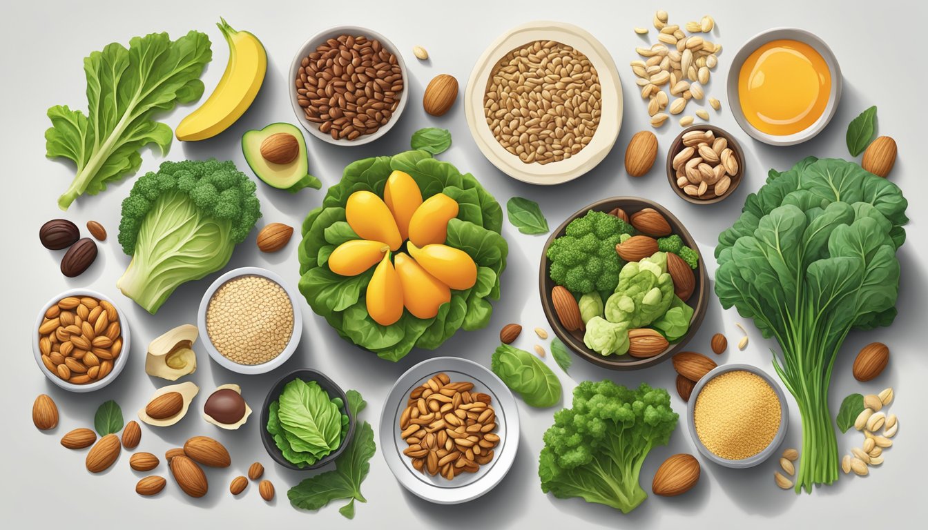 A colorful array of nutrient-rich foods, such as leafy greens, nuts, seeds, and lean proteins, arranged on a table with a balanced and varied composition