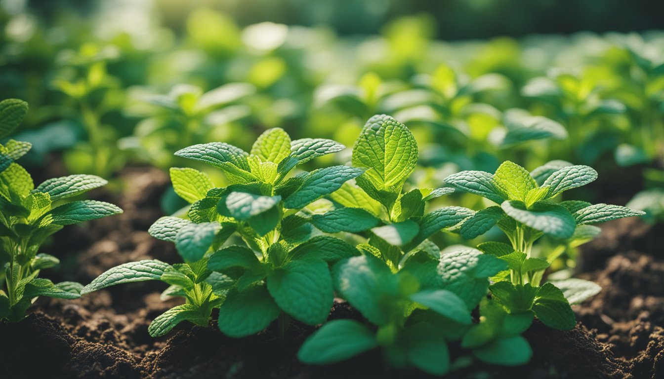 Thriving mint plants in lush garden bed. Vigorous growth and ease of cultivation evident