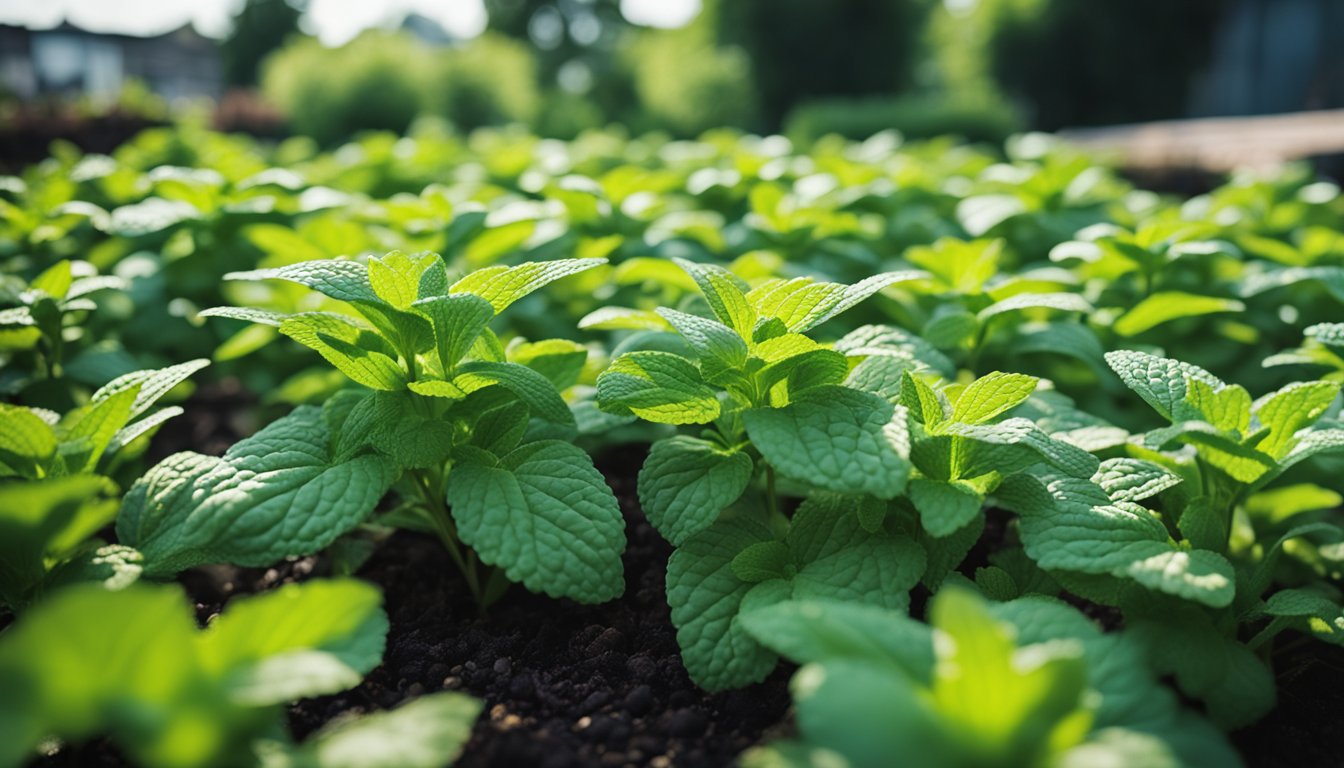 Thriving mint plants fill the lush garden bed, depicting vigorous growth and ease of cultivation