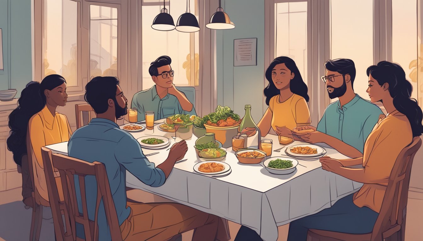 A group of friends at a dinner table, one person confidently choosing keto-friendly options while others look on with curiosity and skepticism