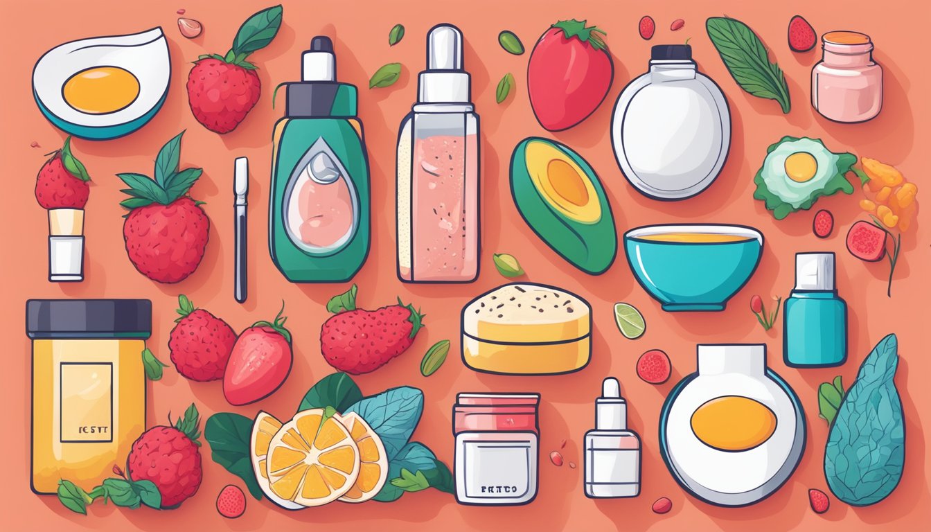 A colorful illustration of various keto-friendly foods and skincare products, surrounded by a red rash symbolizing the keto rash