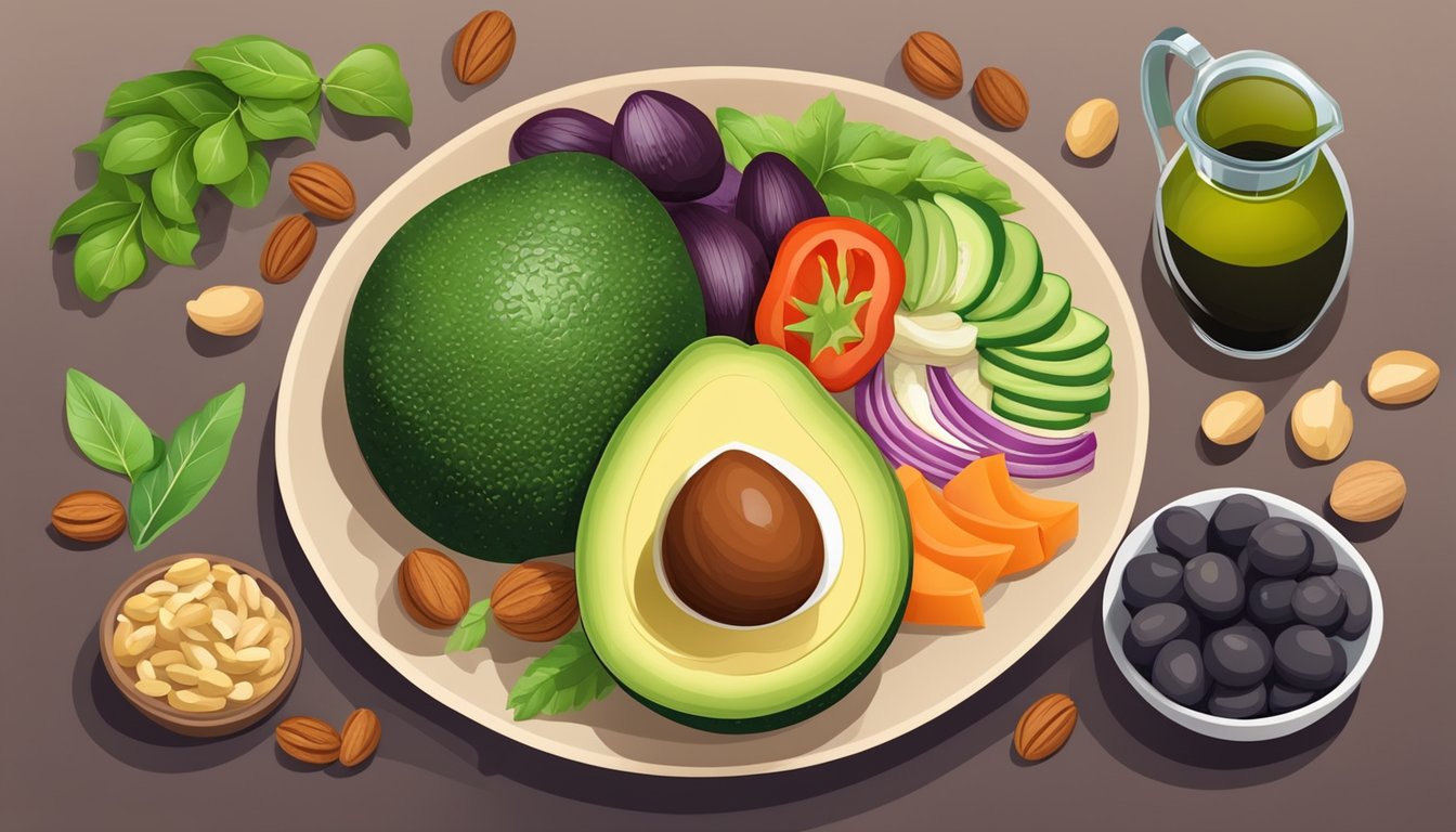 A colorful plate with avocado, nuts, and olive oil, surrounded by fresh vegetables and lean protein