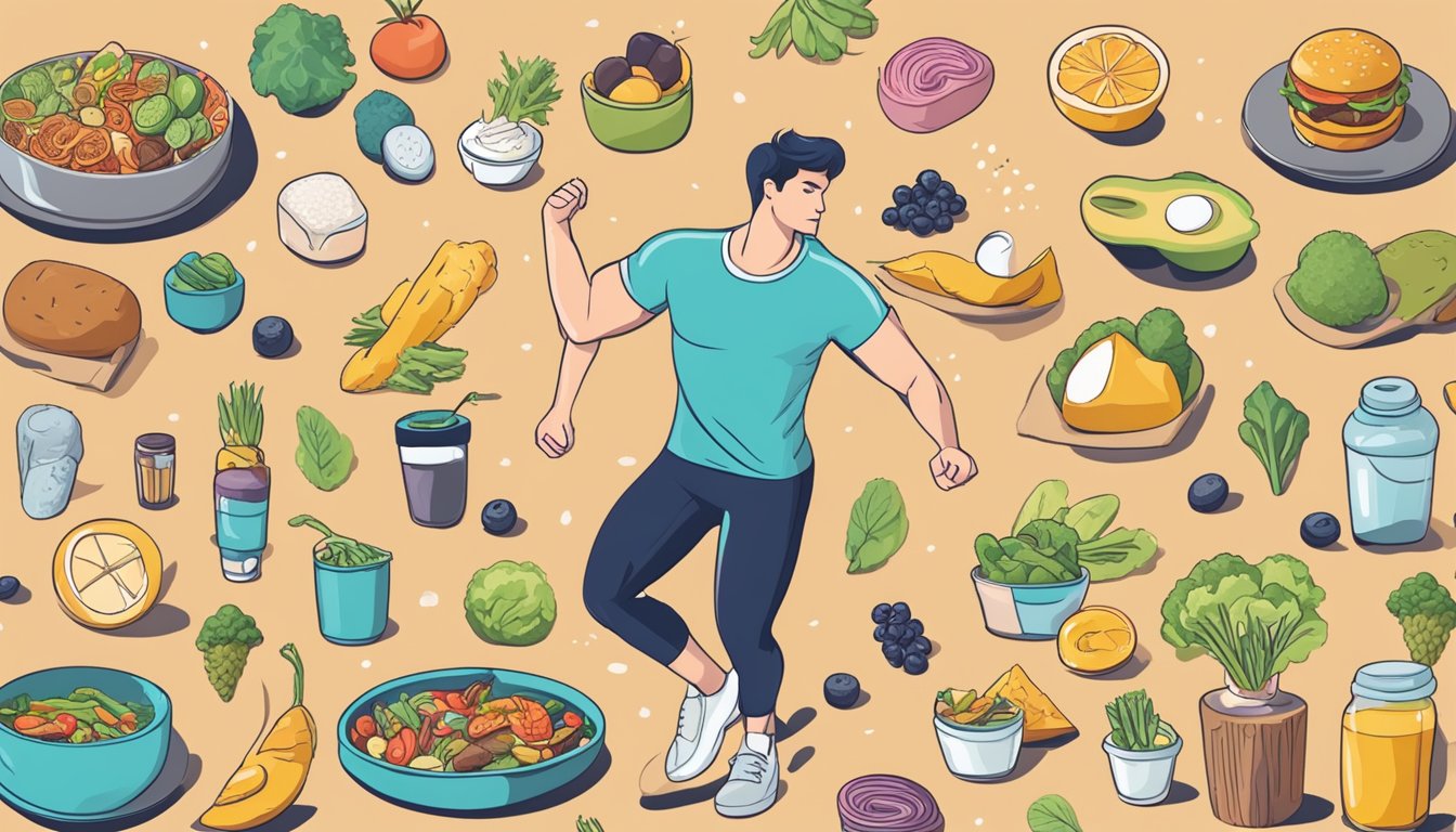 A person exercising vigorously while surrounded by various keto-friendly foods and a debunked myth symbol