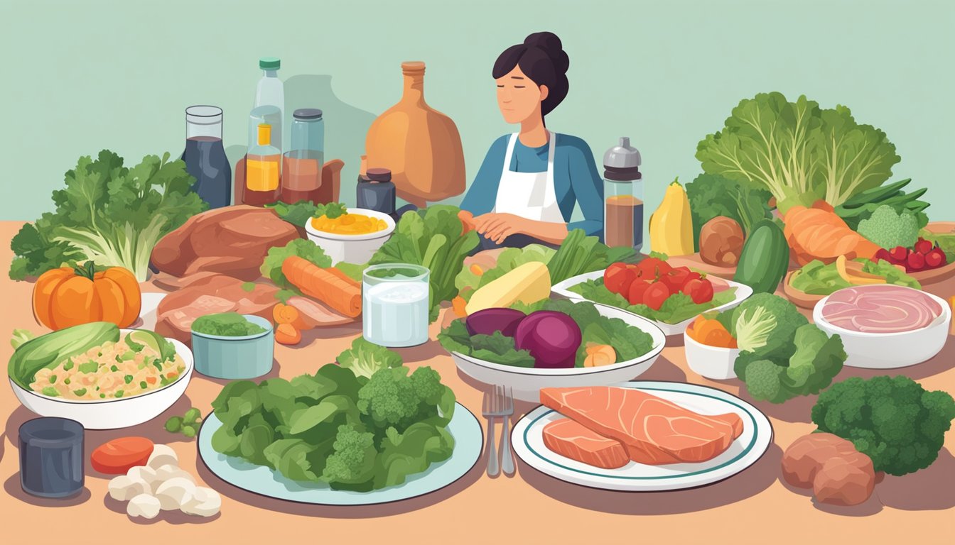 A table set with keto-friendly foods, including vegetables, meats, and healthy fats. A person with restless leg syndrome appears restless, but then finds relief after following the keto diet