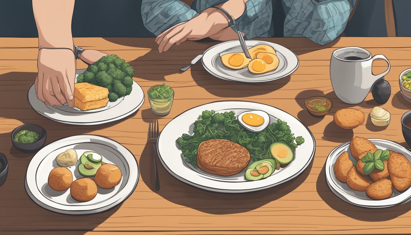 A person sitting at a table with a plate of keto-friendly foods, their legs fidgeting underneath the table