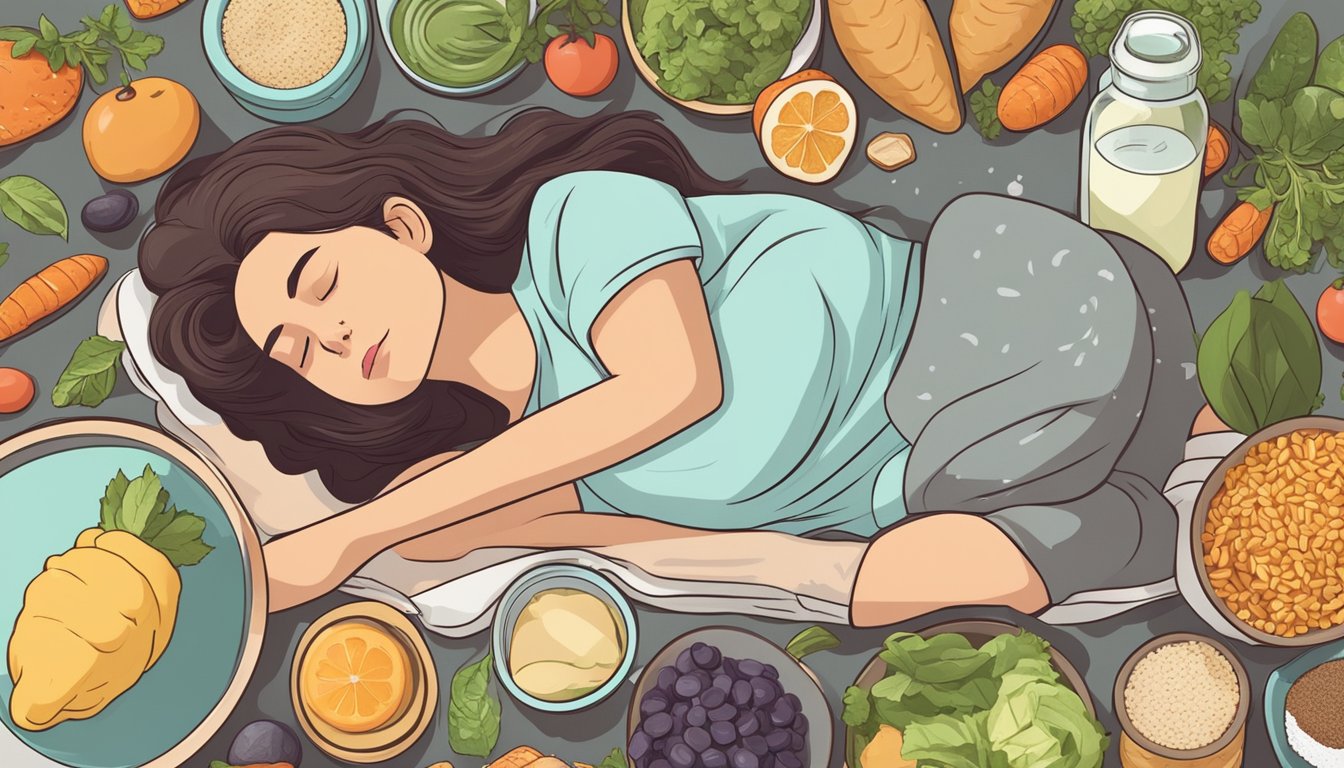 A person sleeping peacefully, surrounded by a variety of keto-friendly foods and supplements, with a serene and relaxed expression on their face