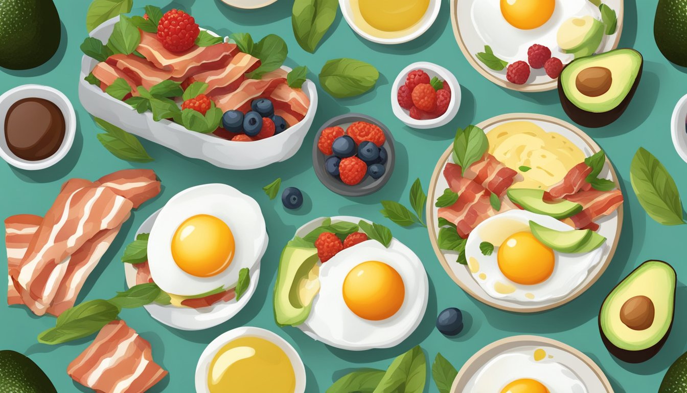 A table set with avocados, eggs, bacon, and berries for a keto breakfast