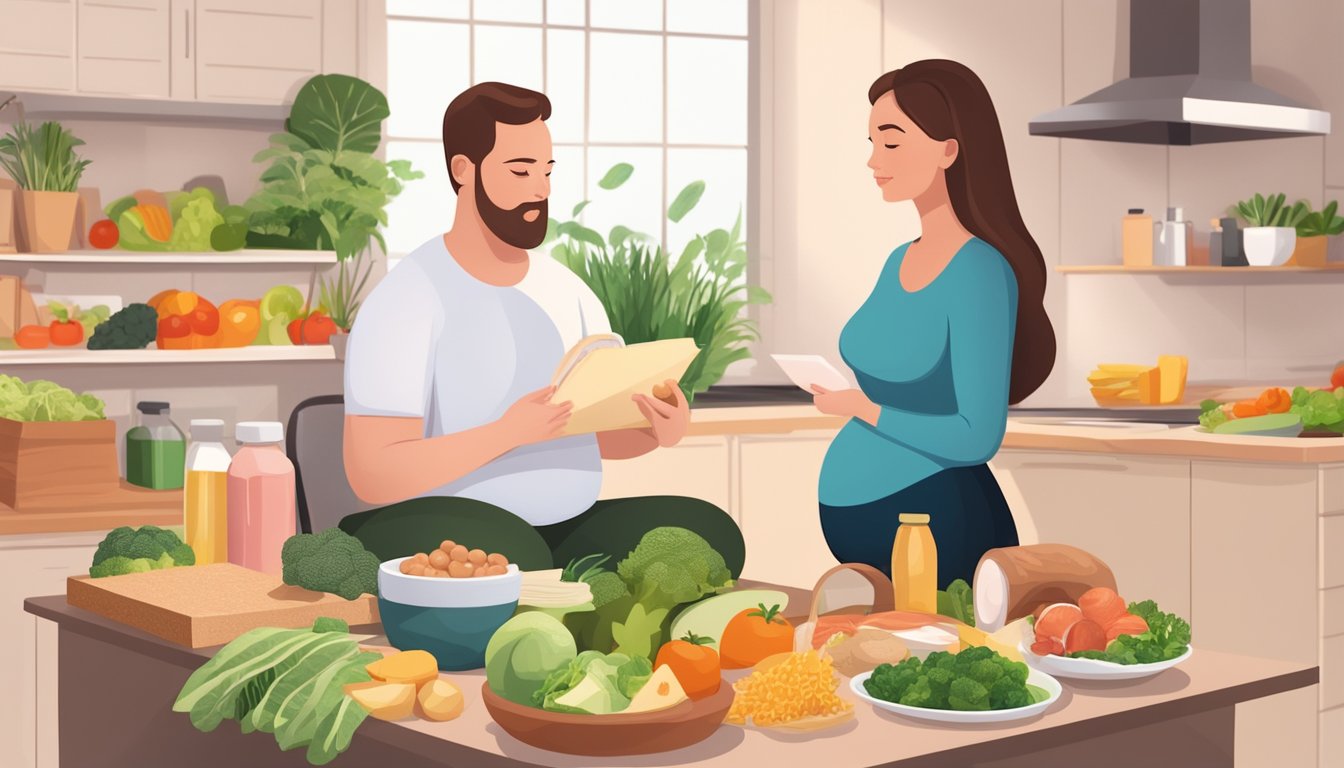 A pregnant woman consulting with a nutritionist about the keto diet, surrounded by healthy food options and educational materials