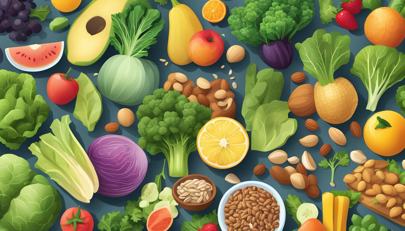 A variety of nutrient-rich foods such as leafy greens, nuts, and lean proteins are arranged on a table, surrounded by colorful fruits and vegetables