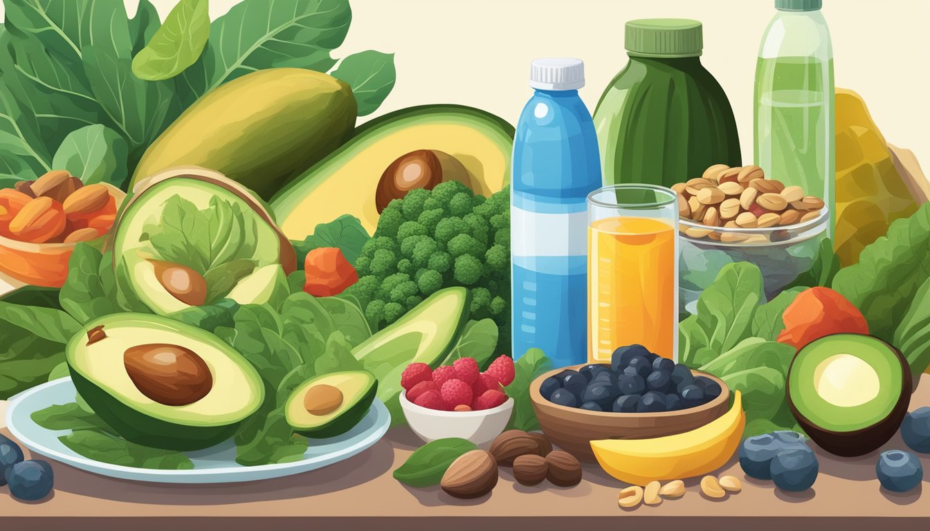 A colorful array of nutrient-rich foods, such as leafy greens, nuts, and avocados, arranged around a bottle of vitamins and a glass of water