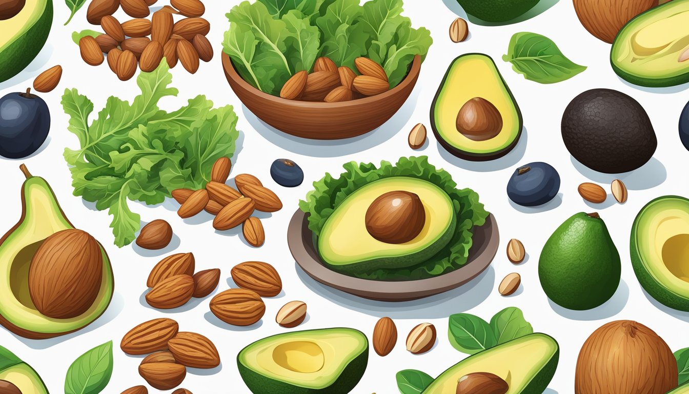 A colorful assortment of nutrient-rich foods, including leafy greens, avocados, nuts, and lean proteins, arranged in an appealing composition