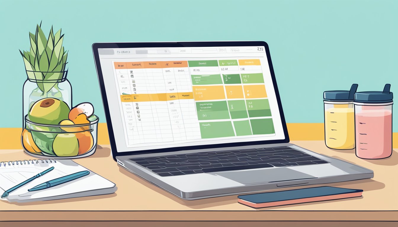 A desk with a lunchbox filled with keto-friendly foods, a water bottle, and a laptop displaying a spreadsheet of keto meal plans