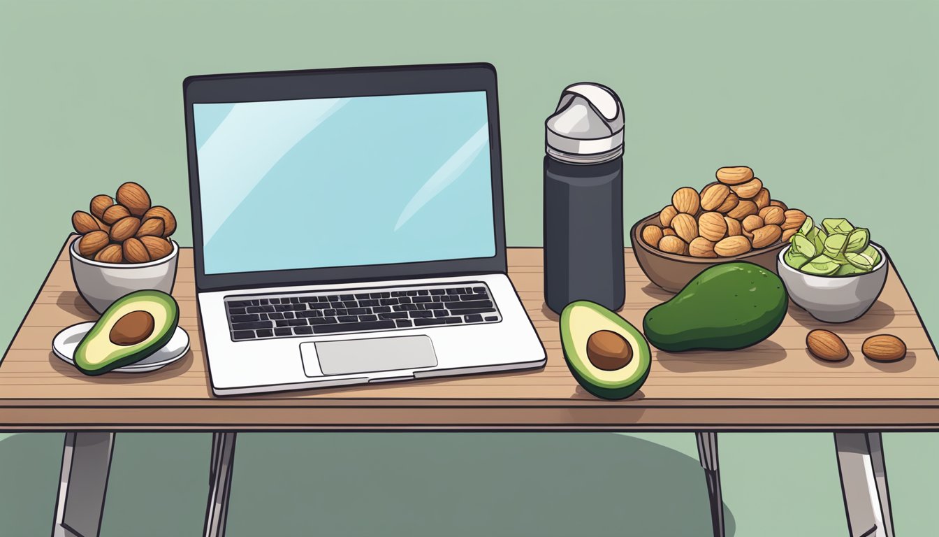 A desk with a laptop, water bottle, and keto-friendly snacks like nuts and avocado. No sugary or high-carb foods in sight