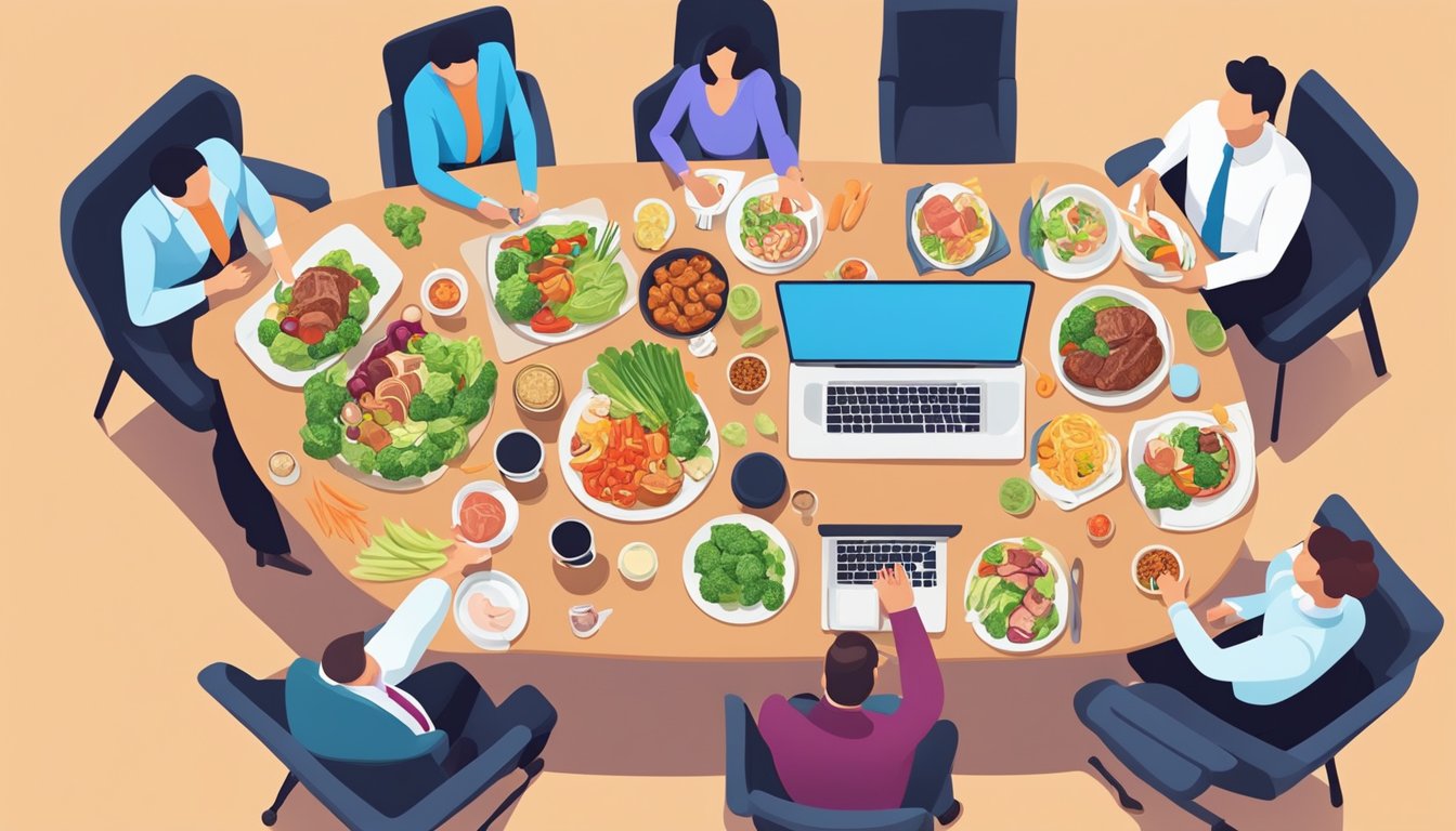 A group of office workers eating keto-friendly meals at their desks, with colorful vegetables, lean meats, and healthy fats on their plates