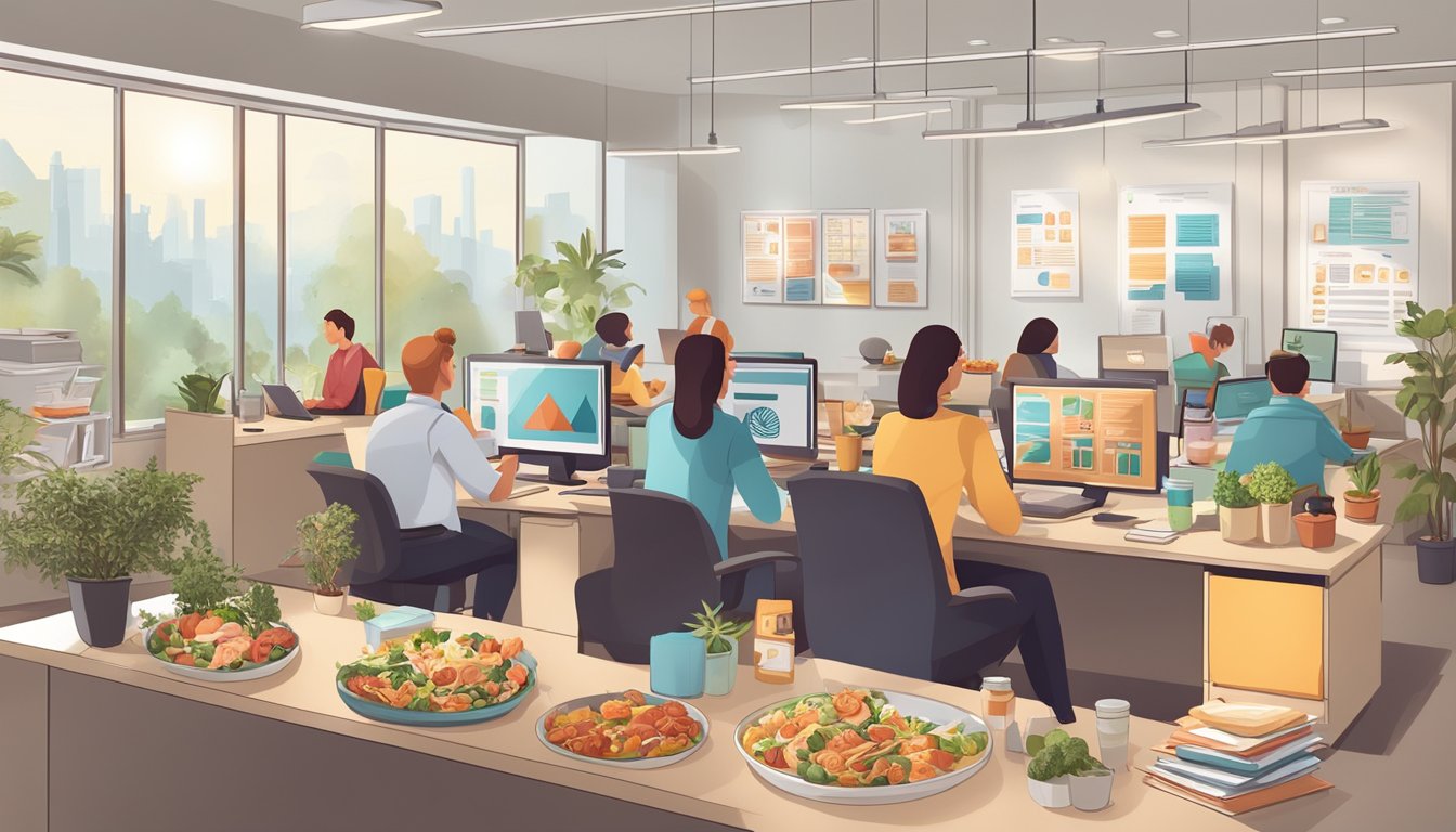 A busy office with employees enjoying keto-friendly snacks and meals at their desks, while a poster on the wall displays the benefits of a keto diet for specific health conditions