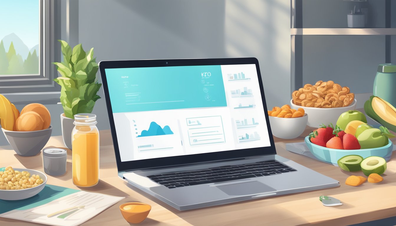 A desk with a laptop, healthy snacks, and a water bottle. An open window with natural light. A poster with keto-friendly food options