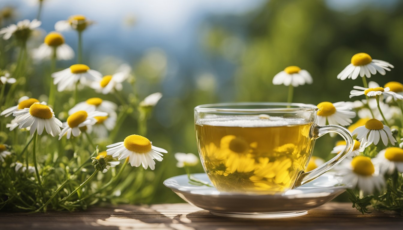 A cup of chamomile tea sits among blooming chamomile flowers in a cozy setting, highlighting its relaxing properties as a caffeine-free alternative