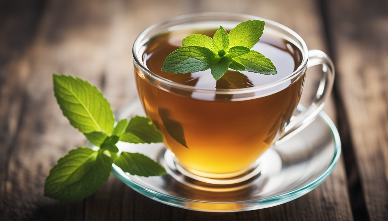 A vibrant cup of peppermint tea with fresh leaves, radiating invigorating flavor and caffeine-free benefits