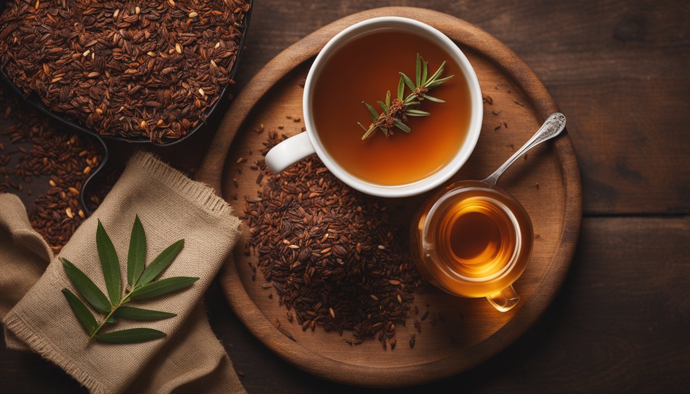 A rustic background with rooibos leaves and a warm cup of rooibos tea, capturing its rich, caffeine-free taste