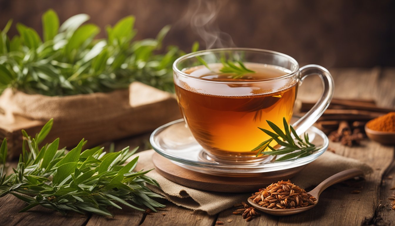 A cup of rooibos tea surrounded by leaves, set against a rustic background, evoking a warm, caffeine-free taste