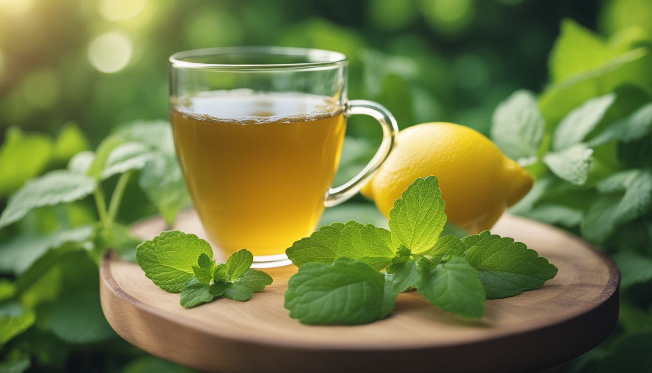 A cup of lemon balm tea sits among fresh leaves in a tranquil garden, capturing its soothing and caffeine-free essence