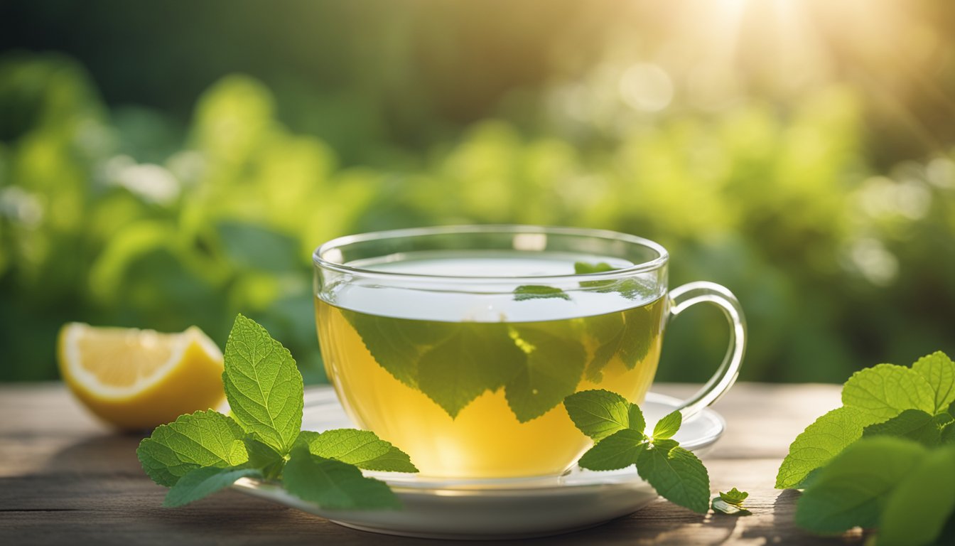 A cup of lemon balm tea sits among fresh leaves in a peaceful garden, capturing its soothing and caffeine-free qualities