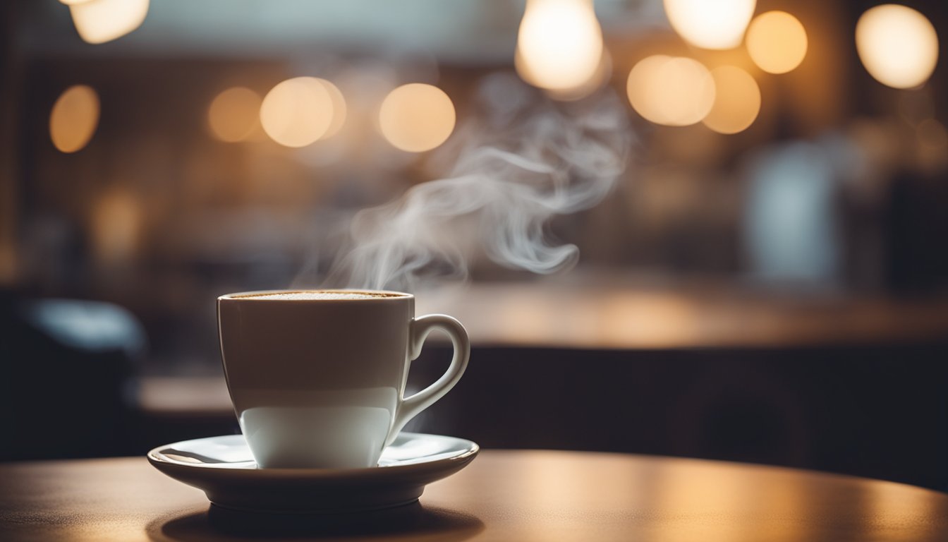 A steaming cup of decaffeinated coffee sits on a cozy cafe table, surrounded by a warm and inviting atmosphere