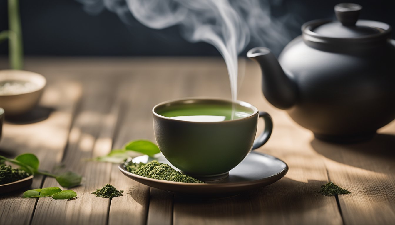 A serene Japanese tea ceremony, with a steaming cup of herbal matcha on a delicate porcelain saucer