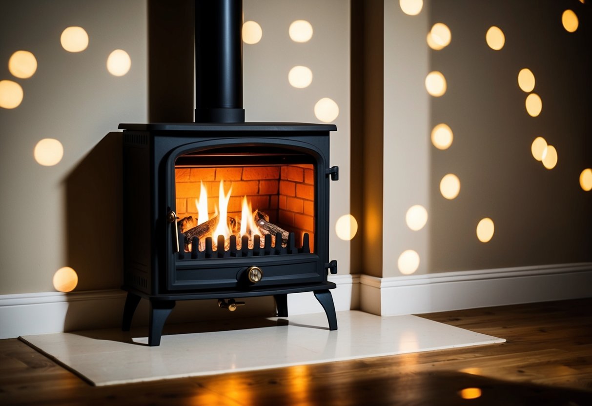 A crackling log burner emanates warmth and light, casting dancing shadows on the surrounding walls