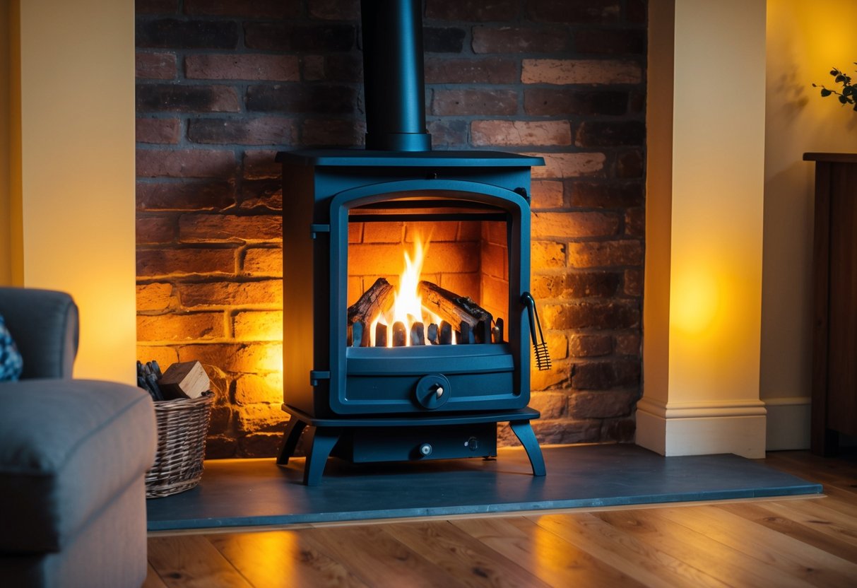 A log burner sits in a cozy living room, casting a warm glow as flames dance and logs crackle within its iron frame