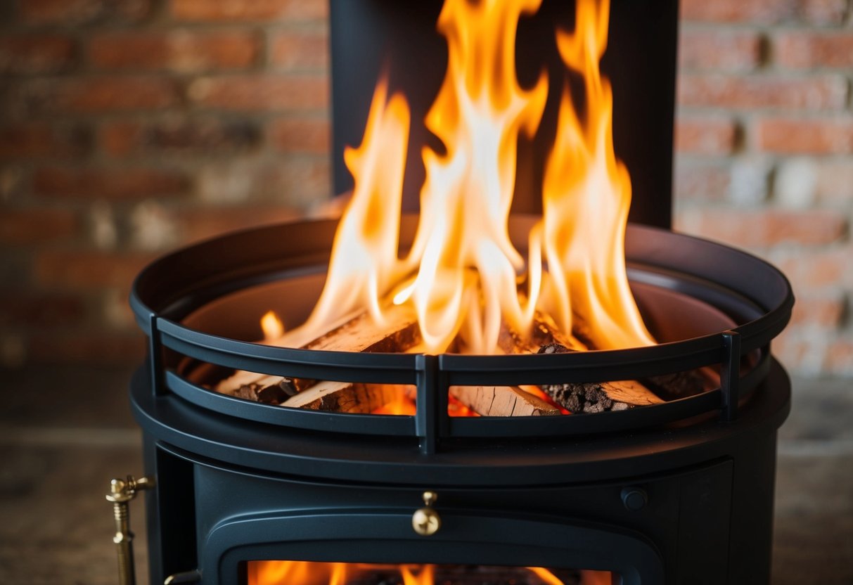 A log burner efficiently produces heat and outputs flames