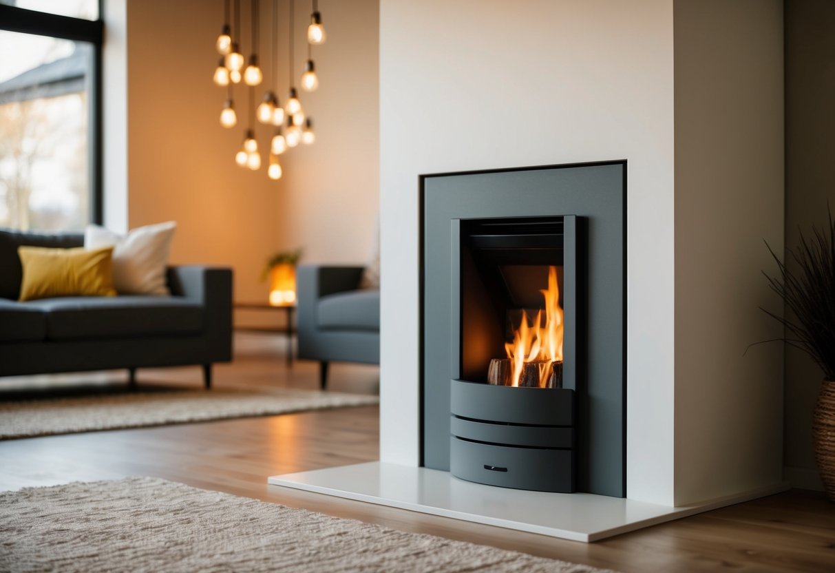 A modern, sleek log burner with clean lines and a minimalist design sits against a backdrop of a cozy living room with warm, inviting lighting