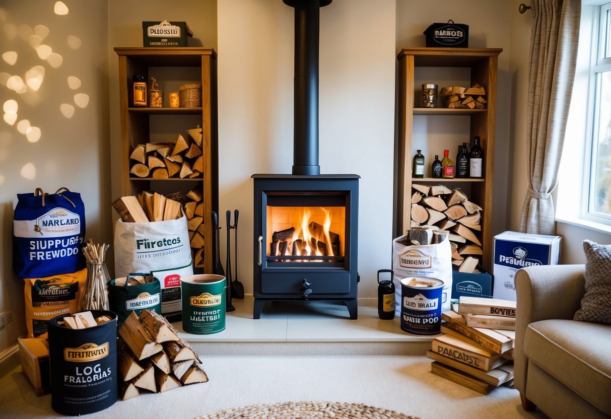 A cozy living room with a log burner surrounded by various suppliers and brands of firewood and accessories