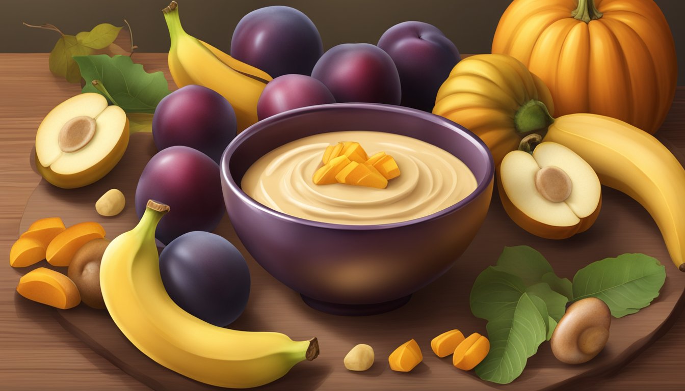 A bowl of Plum Organics baby food surrounded by fresh bananas and pumpkins