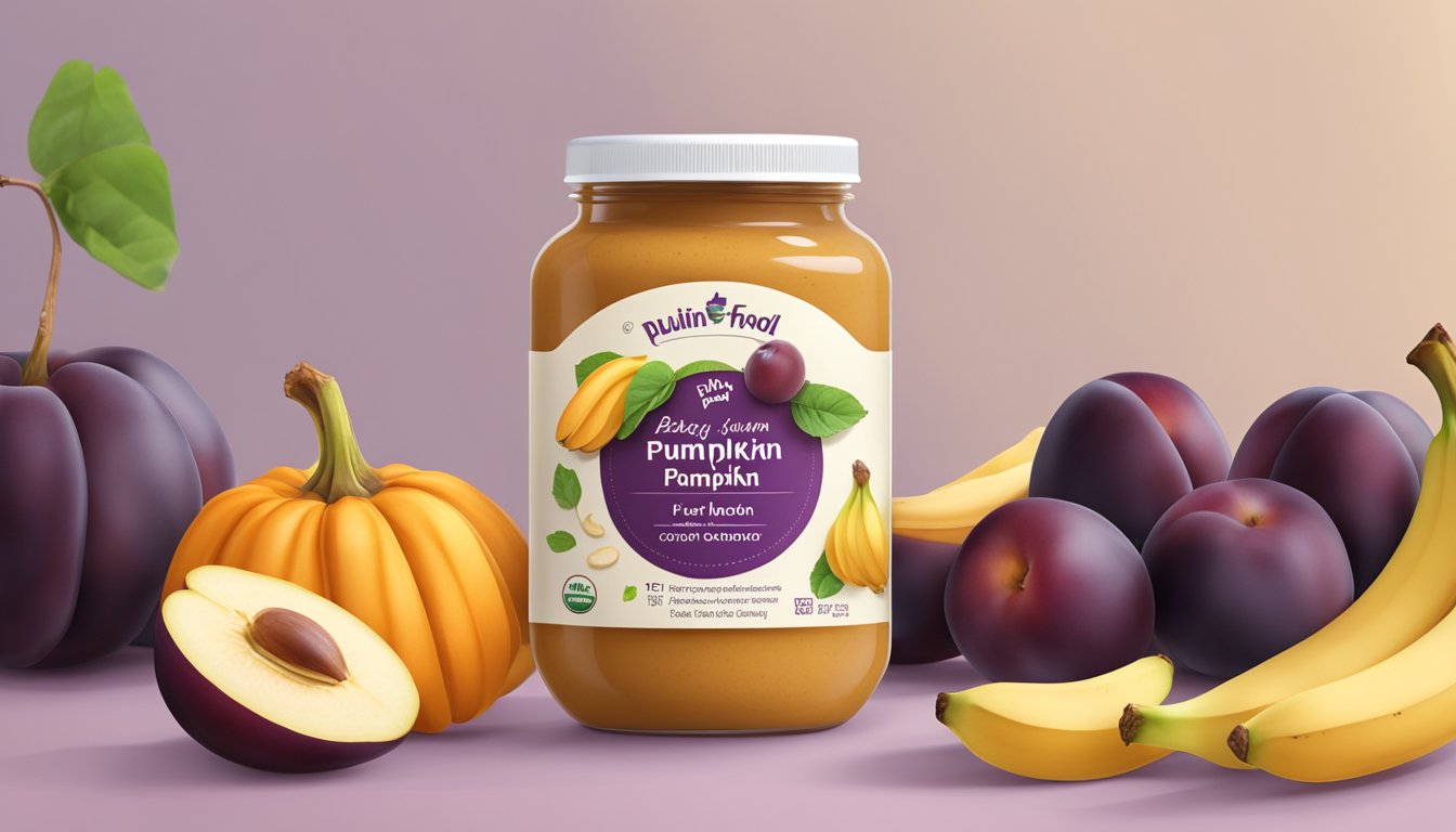 A table with open jar of Plum Organics baby food, surrounded by scattered banana and pumpkin. A nutrition label and ingredients list are visible