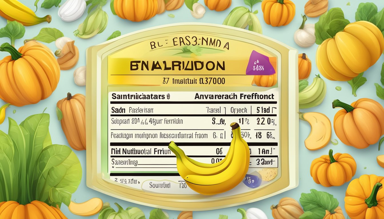 A colorful label with a smiling cartoon banana and pumpkin surrounded by nutritional information