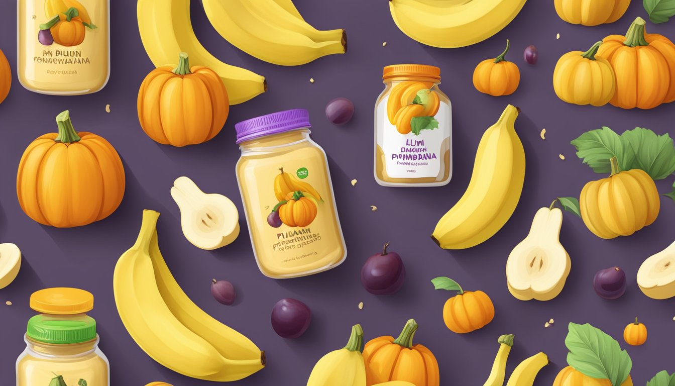 A jar of Plum Organics banana and pumpkin baby food surrounded by fresh bananas and pumpkins