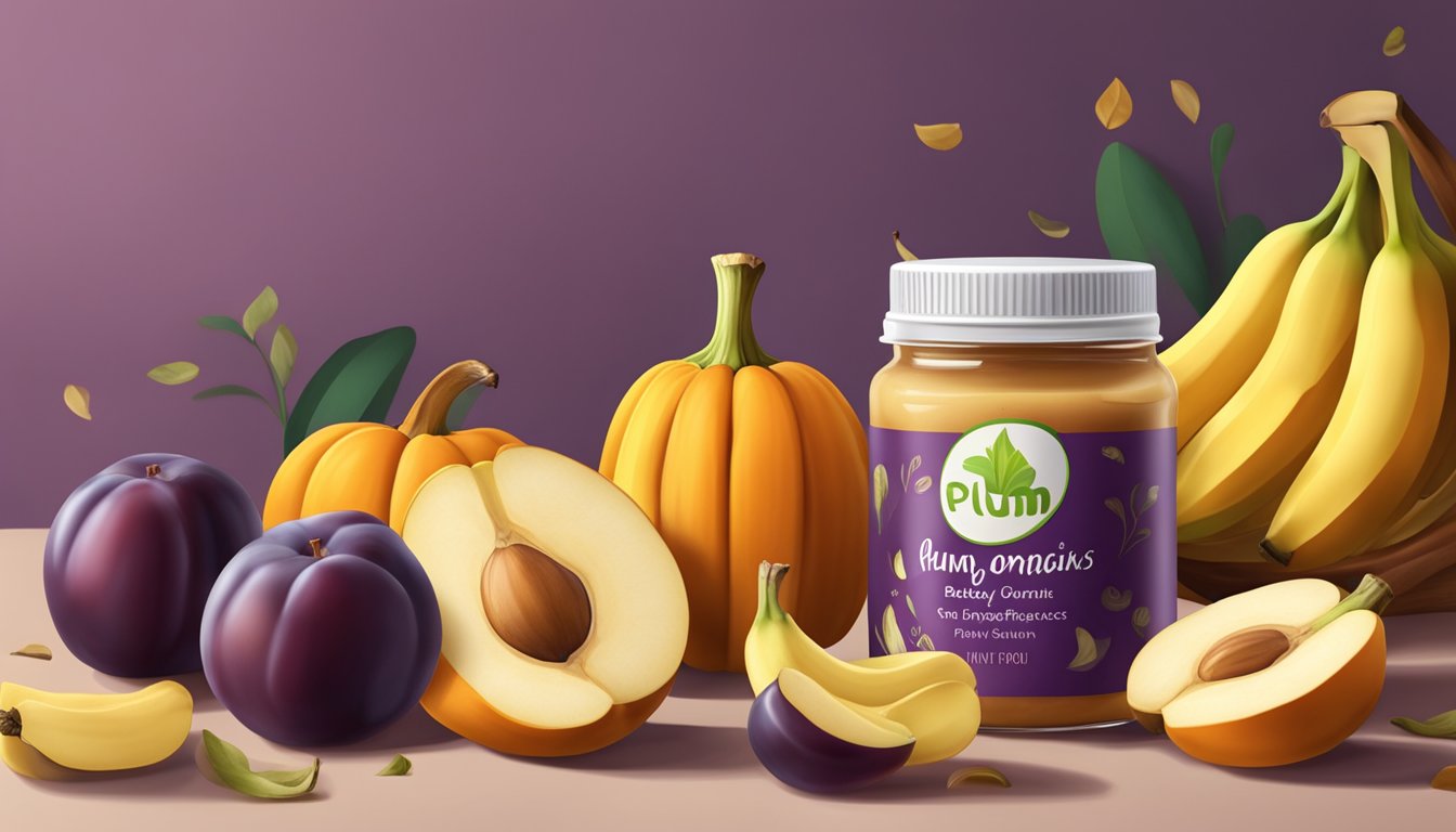 A jar of Plum Organics baby food surrounded by fresh bananas and pumpkins