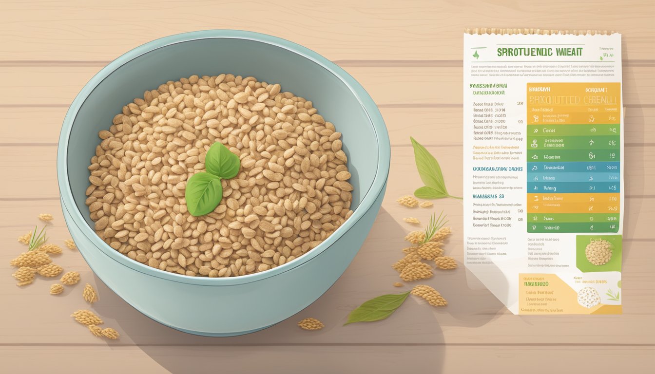 A bowl of wutsupbaby organic sprouted whole wheat cereal surrounded by sprouted grains and a nutritional profile chart