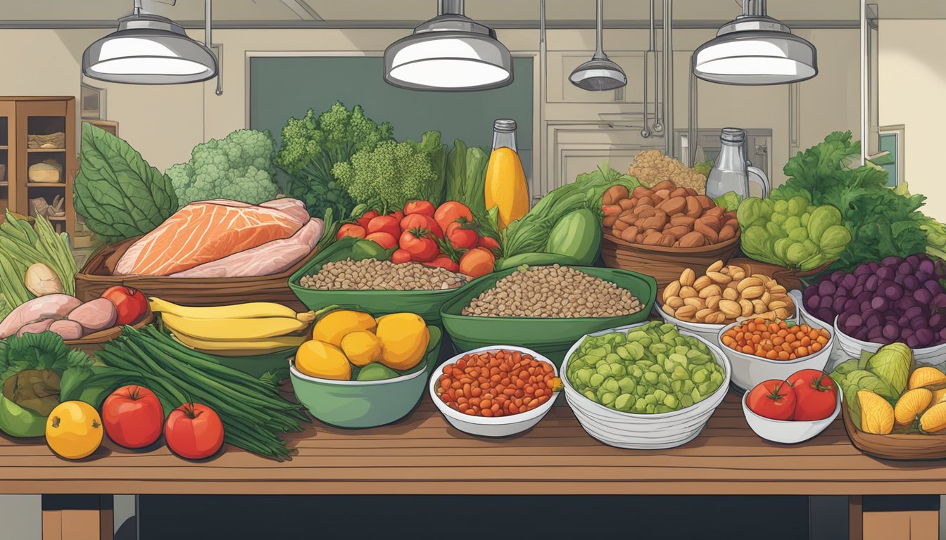 A table filled with whole foods: lean meats, fish, fruits, vegetables, nuts, and seeds. No processed foods or grains in sight