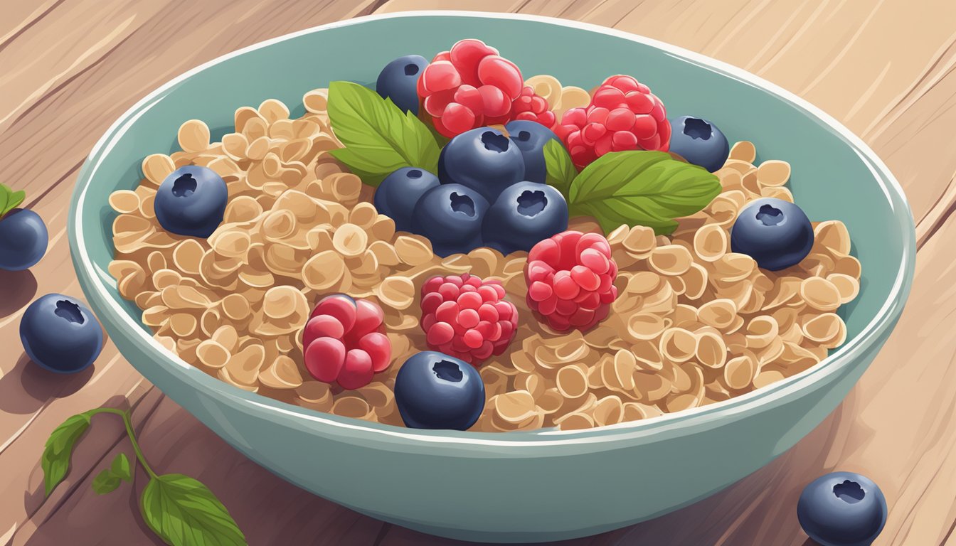 A bowl of wutsupbaby organic sprouted whole wheat cereal surrounded by fresh berries and a glass of milk on a wooden table