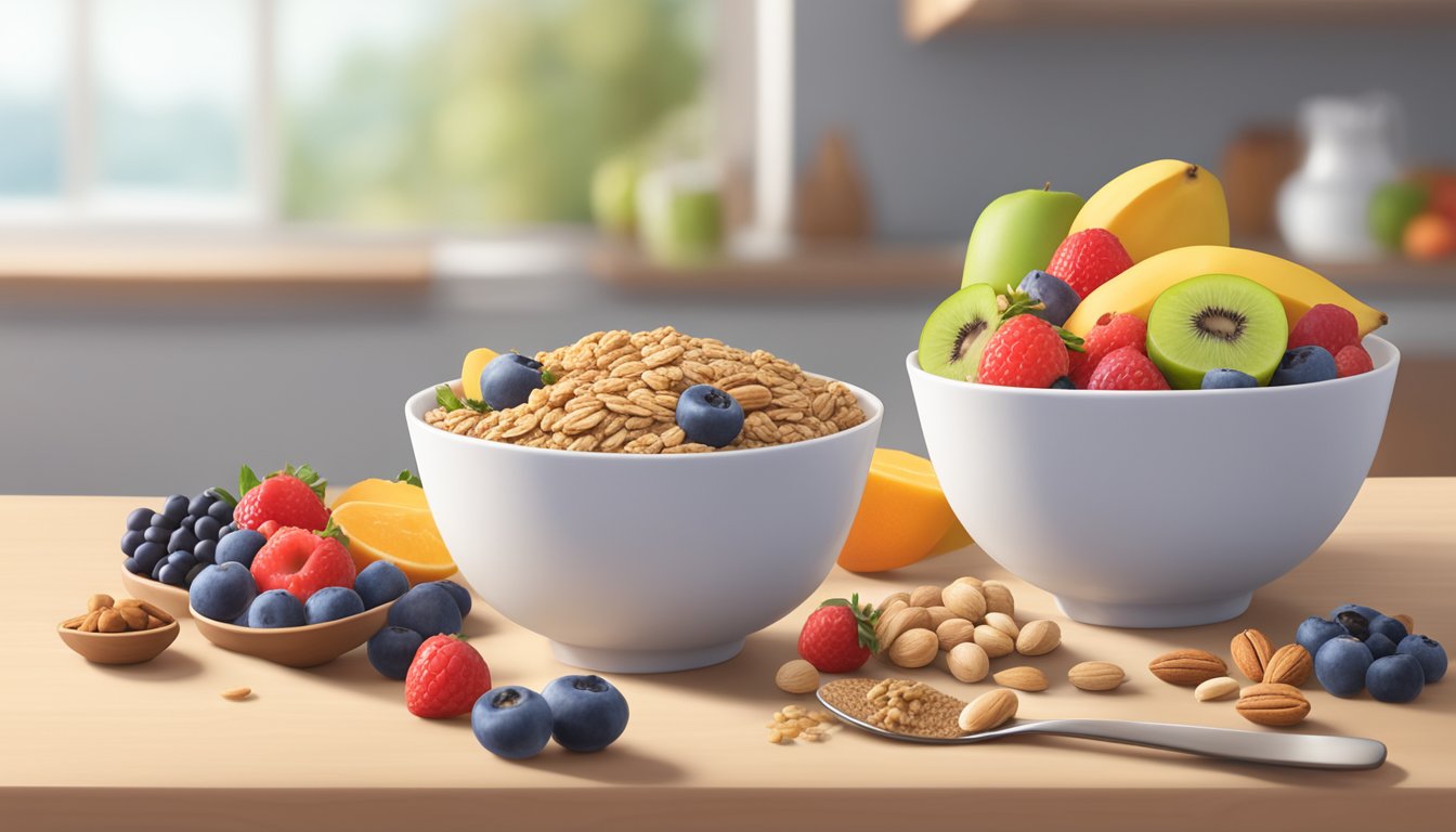 A bowl of WutsupBaby organic sprouted whole wheat cereal surrounded by an assortment of fresh fruits and nuts, with a glass of milk in the background