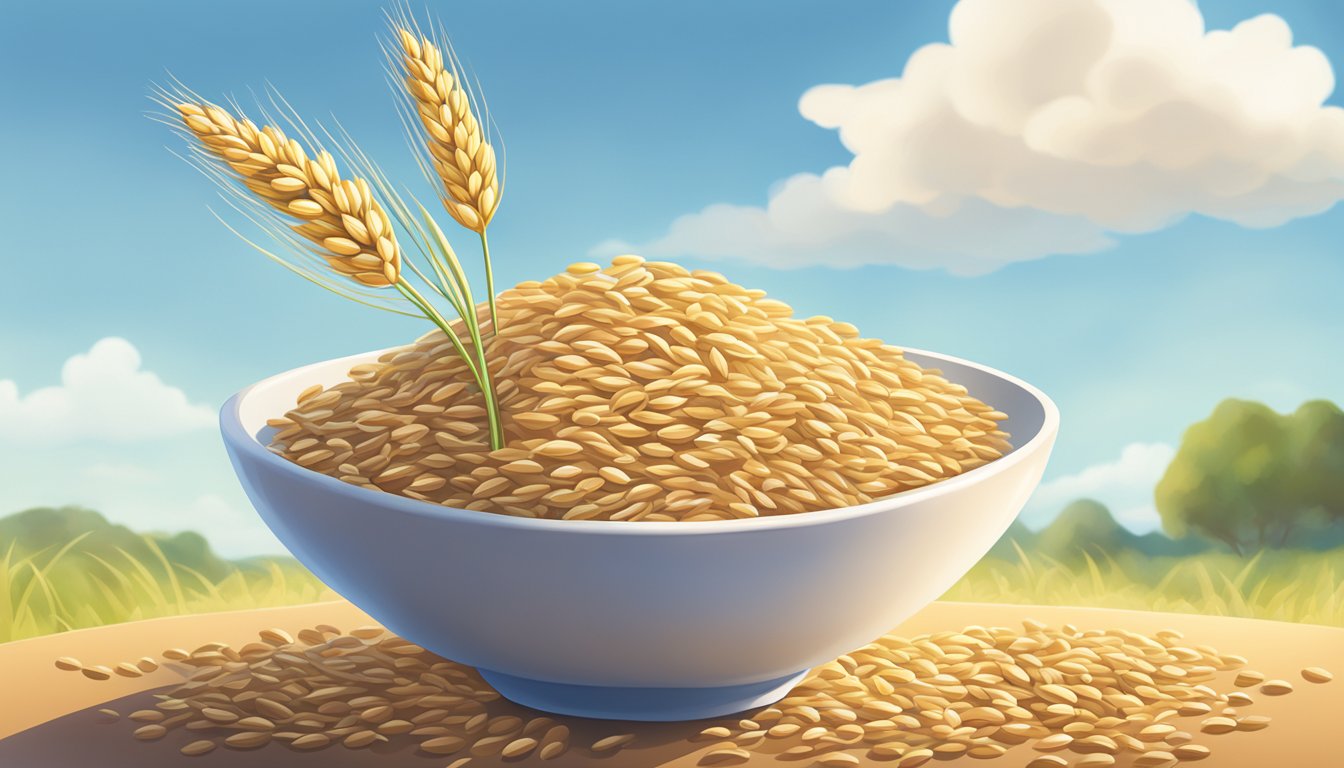 A bowl of WutsupBaby's Sprouted Wheat Cereal surrounded by ripe wheat stalks and a clear blue sky in the background