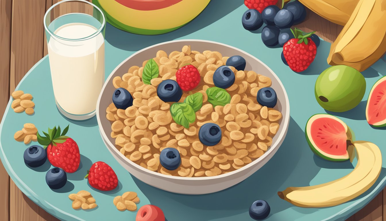 A bowl of wutsupbaby organic sprouted whole wheat cereal surrounded by fresh fruits and a glass of milk on a wooden table