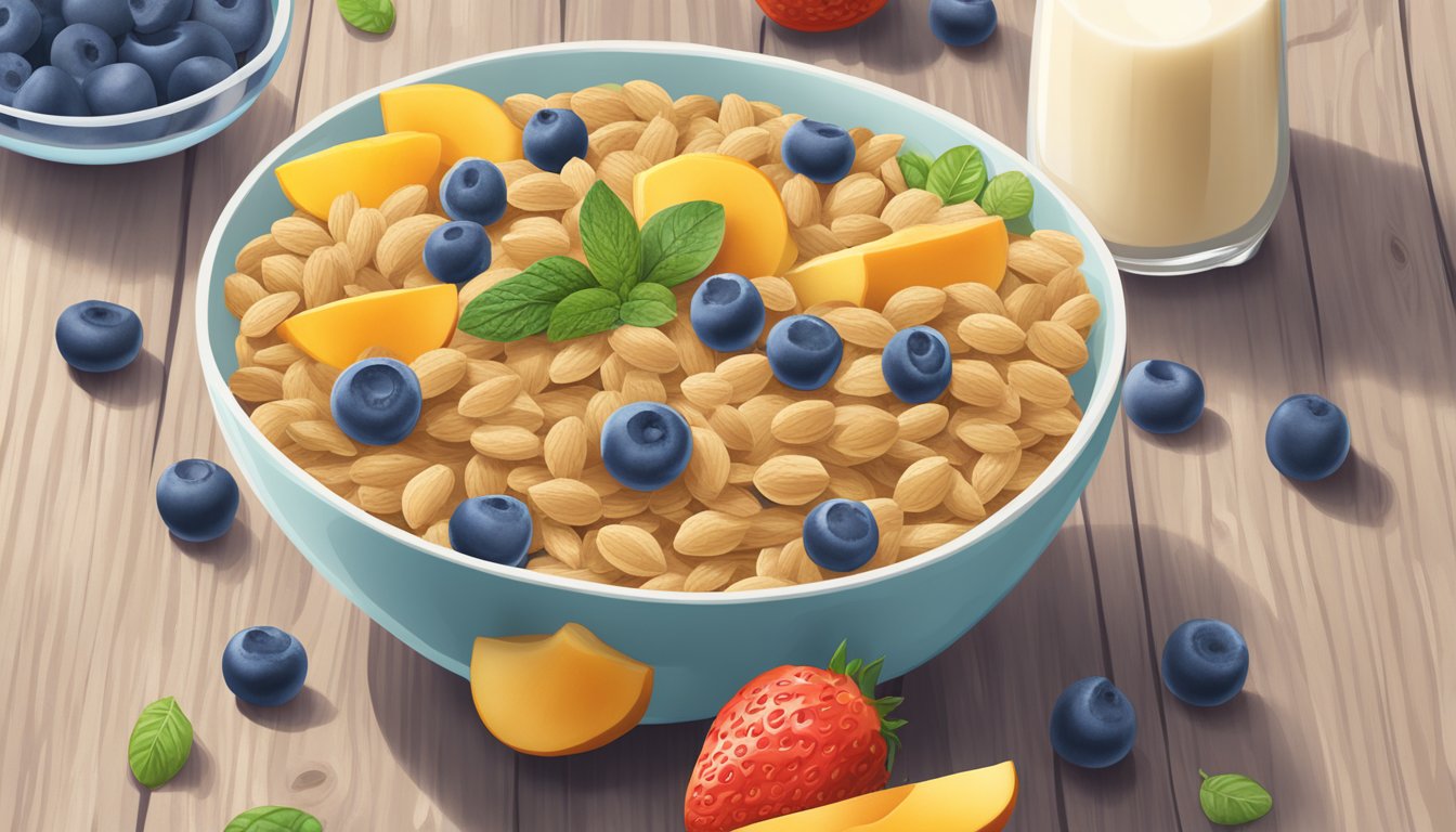 A bowl of wutsupbaby organic sprouted whole wheat cereal surrounded by fresh fruits and a glass of milk on a wooden table