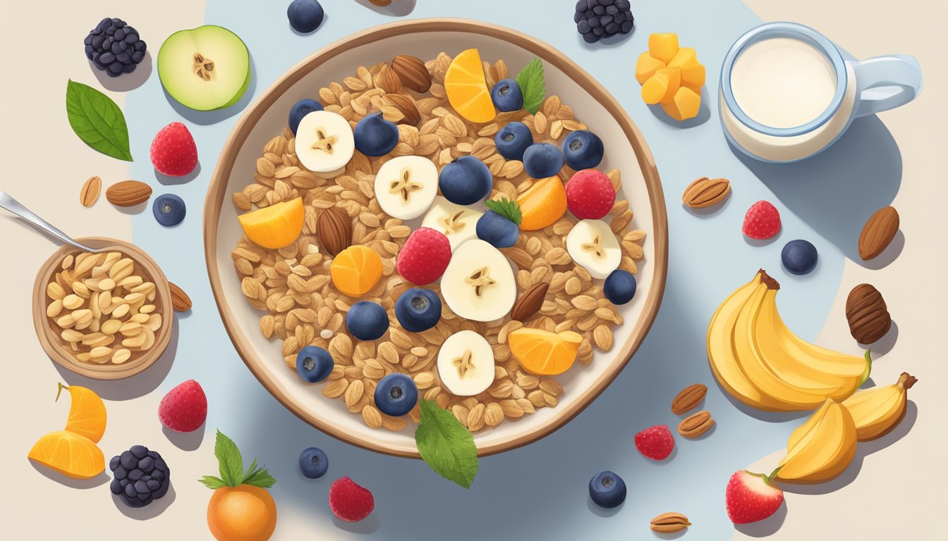 A bowl of Wutsupbaby organic sprouted whole wheat cereal surrounded by various fruits and nuts, with a glass of milk on the side