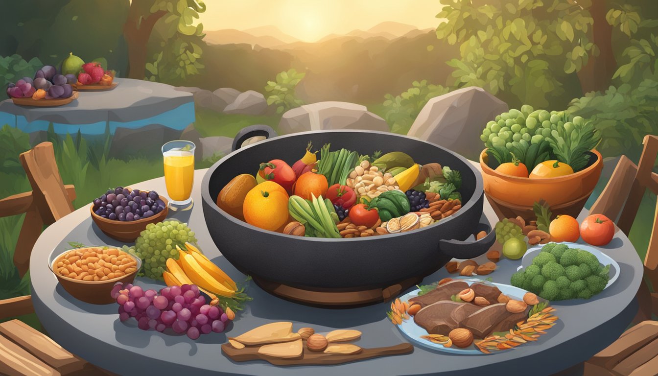 A dining table set with a variety of fresh fruits, vegetables, nuts, seeds, and lean meats. A caveman-style cooking pot sits on a fire pit in the background